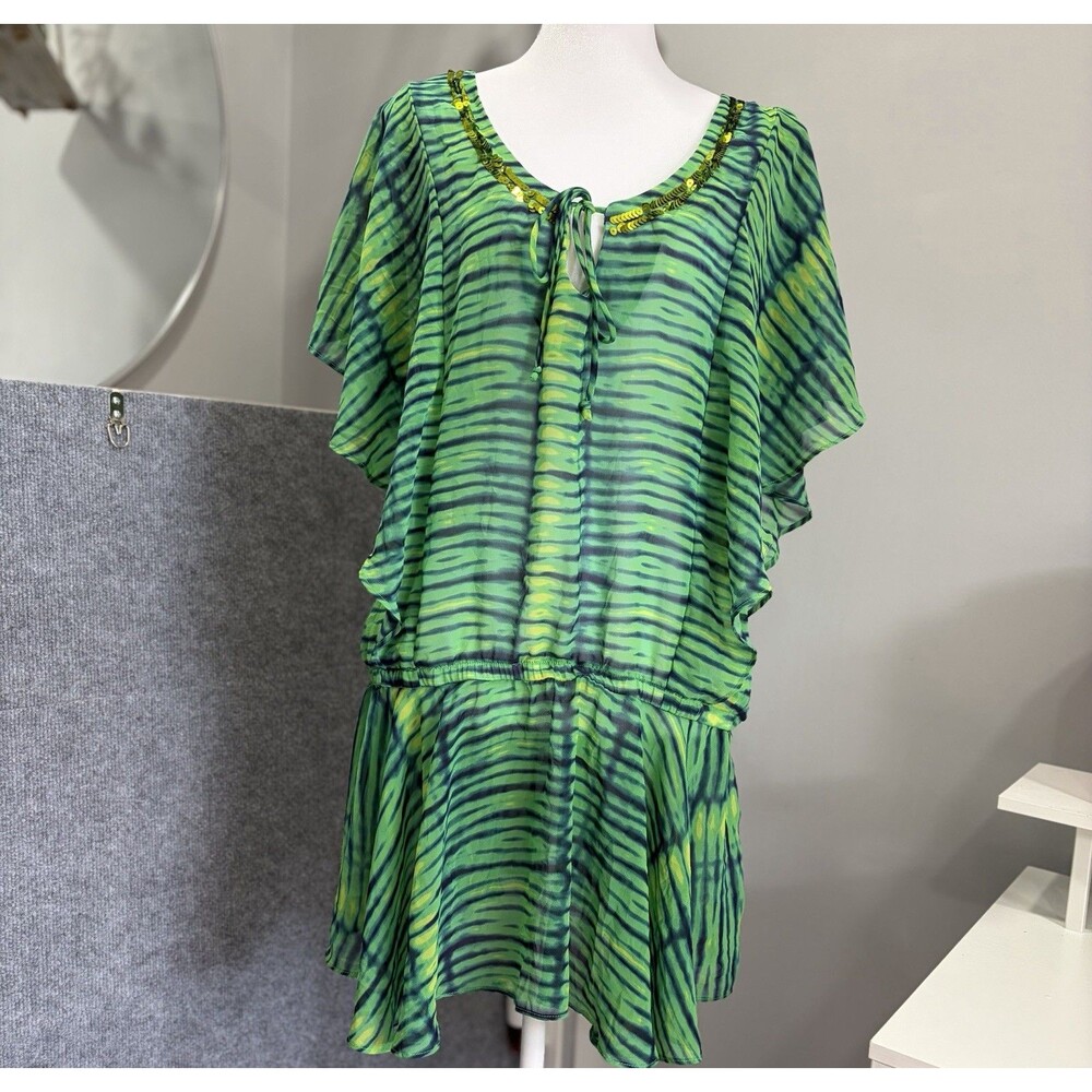 Victorias Secret Green Tie Dye Sequin Trim Sheer Swim Cover Up Tunic Dress M/L